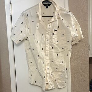 Volcom Men's Cream Short Sleeve Shirt with Black Teardrop Design